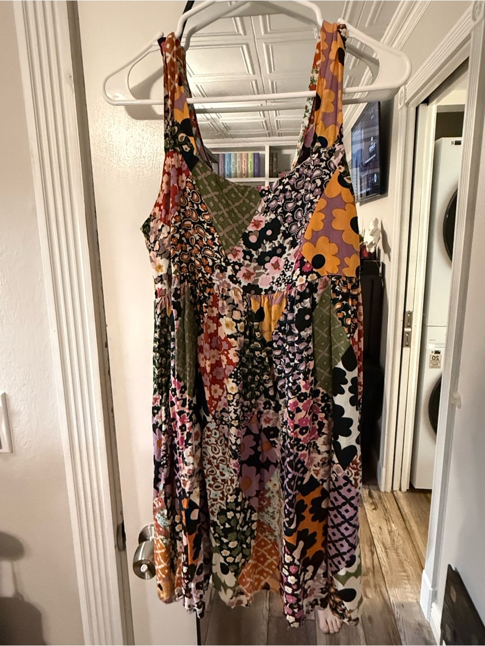 Natural Life Patchwork Floral Mini Dress in Green, Pink & Orange